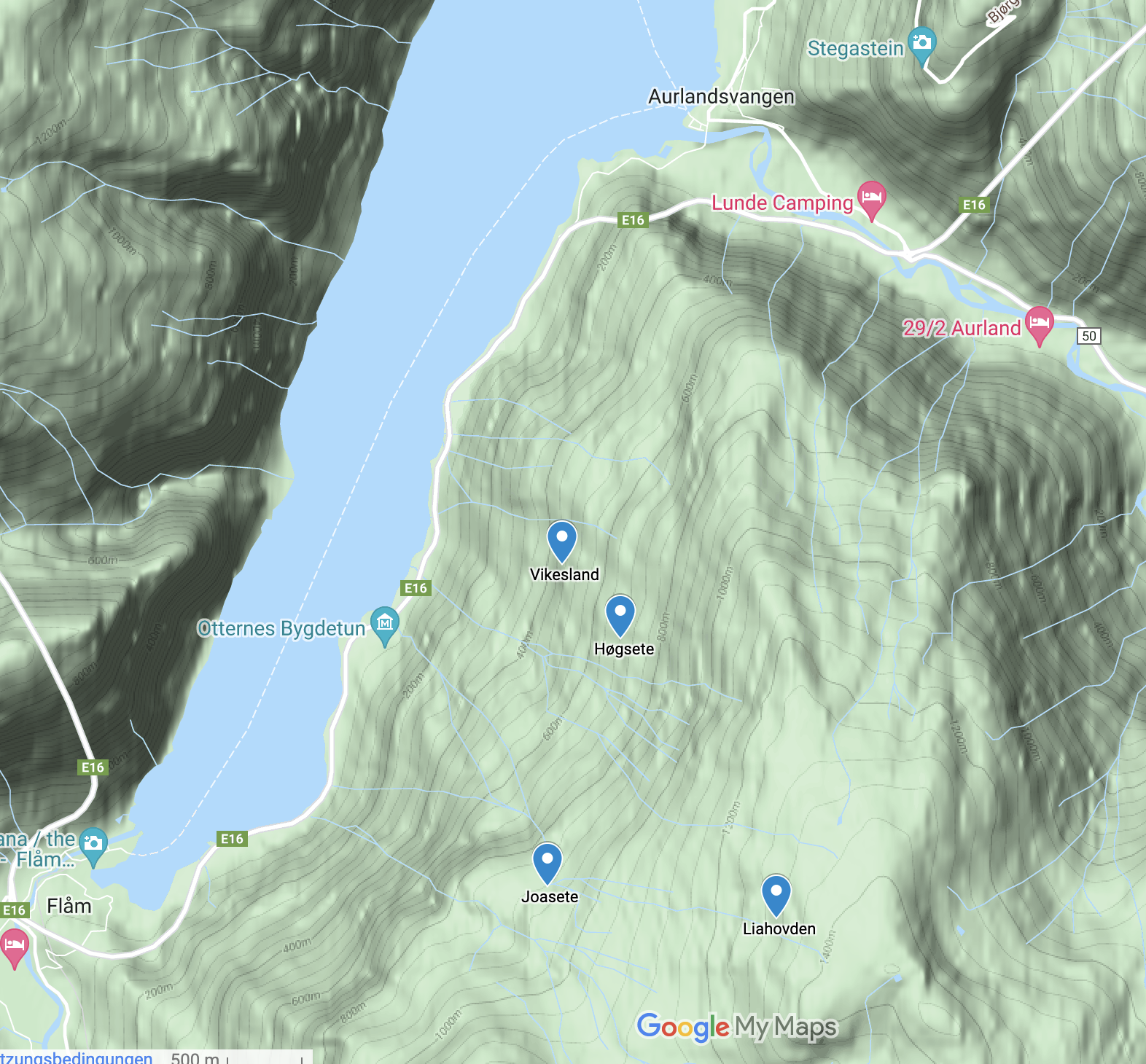 Map of the study area and the sites in Aurland, Norway.